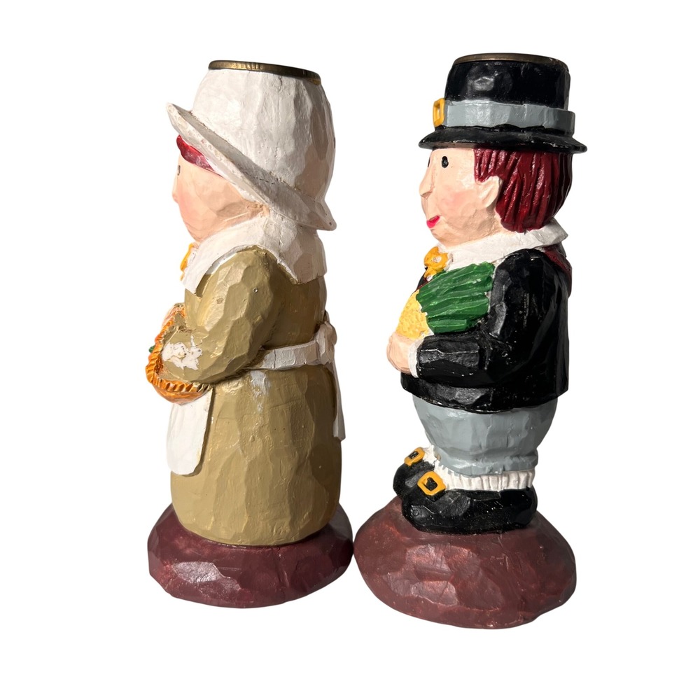 Vintage Teleflora Thanksgiving Pilgrim Figurines Candle Holder Set Resin 2pc - Picture 12 of 12